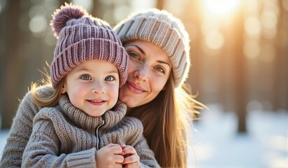 Mother with daughter walking in winter park. Family togetherness during the winter season. Perfect for family bonding, winter activities, and seasonal joy. Copy space