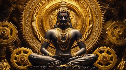 Lord Vishnu seated on a lotus pedestal, surrounded by golden cogs rotating in the background, symbolizing the universe's mechanics, set against a dark setting.