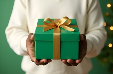 A woman in a white sweater holds a Christmas gift box with a gold ribbon in a festive Christmas atmosphere. Blurred lights on a light green background.