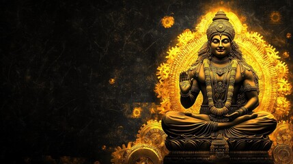 Lord Vishnu sitting on a pedestal with golden cogs behind him, glowing softly against a dark background, symbolizing the balance of spirituality and technology.