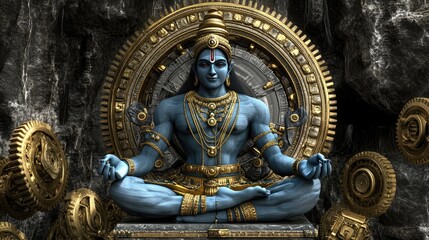 Obraz premium Lord Vishnu seated on a lotus pedestal, surrounded by golden cogs rotating in the background, symbolizing the universe's mechanics, set against a dark setting.