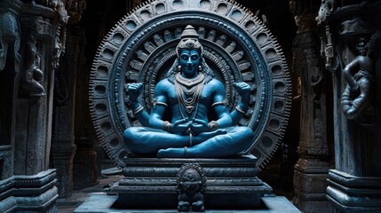 The deity Lord Vishnu is depicted seated on a pedestal, surrounded by celestial cogs, representing the machinery of the universe in a dark, mystical setting.