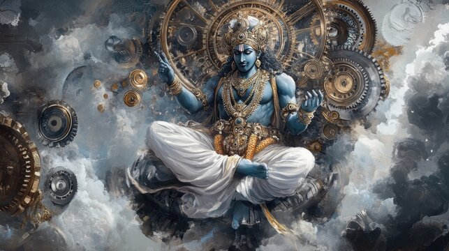 The deity Lord Vishnu is depicted seated on a pedestal, surrounded by celestial cogs, representing the machinery of the universe in a dark, mystical setting.