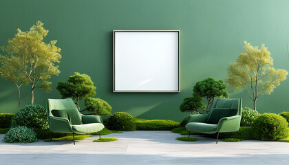 Obraz premium Serene outdoor lounge with green chairs and a blank canvas under a tranquil sky