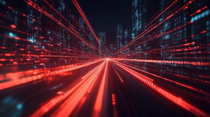 Obraz premium A digital city with a highway of red light streaks in the night.