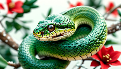 Fototapeta premium Lush green snake coiled on a branch amidst vibrant red flowers in springtime