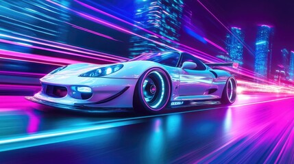 A fast white car racing through neon-lit streets, with glowing blue and purple skyscrapers in the vibrant night background