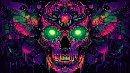 A skull with glowing tribal patterns, featuring sharp lines and abstract shapes in vibrant colors like neon purple, green, and red. The tribal designs cover the entire skull,