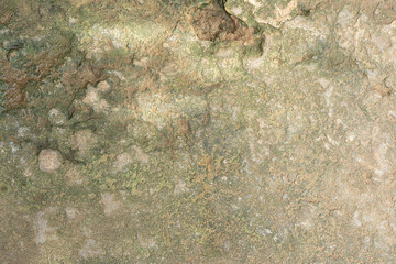 Grunge textured stone wall background with abstract rock pattern and lichen stains