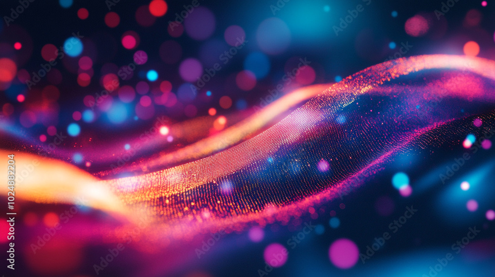 Poster colorful abstract waves with shimmering lights on a dark background creating a vibrant atmosphere