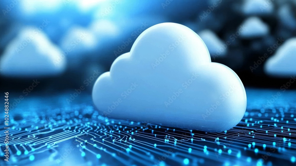 Poster a digital illustration featuring a blue cloud floating above a circuit board, symbolizing cloud comp