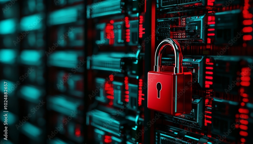 Aufkleber a close-up of a red padlock secured to a dark server rack, emphasizing themes of cybersecurity and d