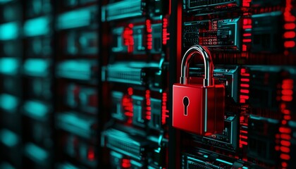 A close-up of a red padlock secured to a dark server rack, emphasizing themes of cybersecurity and data protection against a backdrop of glowing technology.