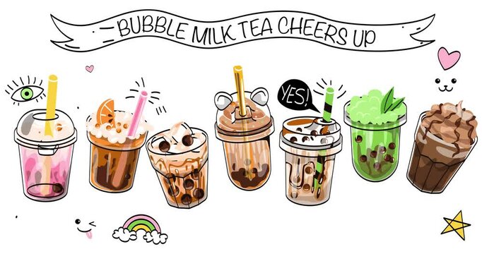 Bubble milk tea. Moving banner with drinks in plastic cups with straw and tapioca balls. Yummy coffee and tasty cocktails promotion. Design for cafe menu. Hand drawn animated doodle graphics