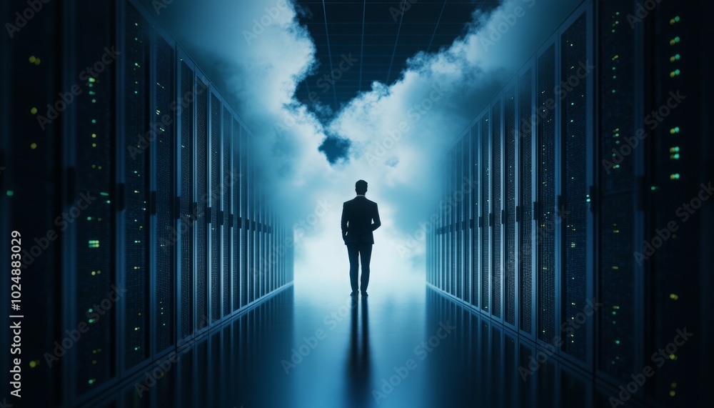 Aufkleber a figure stands in a dimly lit server room, surrounded by towering servers, creating an atmosphere o
