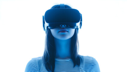 Young Girl Experiencing Virtual Reality with a VR Headset in a Minimalistic White Setting, Representing Future Technology and Immersive Experiences