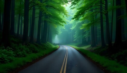 Fototapeta premium The road winds through an evergreen forest, mistily.