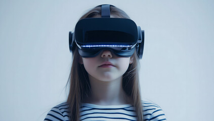 Young Girl Experiencing Virtual Reality with a VR Headset in a Minimalistic White Setting, Representing Future Technology and Immersive Experiences