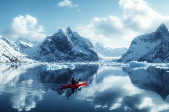 Man in a red kayak is paddling through a lake surrounded by snow-capped mountains. The scene is serene and peaceful. woman kayaking in the icy waters the icebergs and glaciers form an amazing backdrop - Powered by Adobe