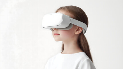 Young Girl Experiencing Virtual Reality with a VR Headset in a Minimalistic White Setting, Representing Future Technology and Immersive Experiences