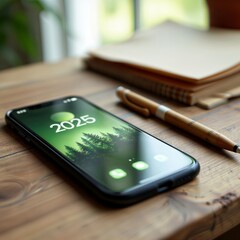 Smartphone with 2025 Display. Close-up of a smartphone showing the year 2025, alongside a pen and notebook on a wooden desk.