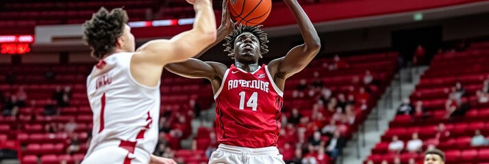 Fototapeta premium Young athlete soars for a slam dunk high above a defender as fans cheer in a crowded arena