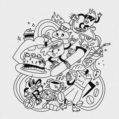 Line art illustration of fantasy coffee beans, pastry sweets having fun. Funny vibes of food, cafe menu illustration. Coloring pages 