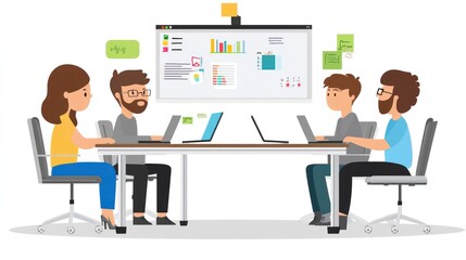 Team working vector flat design, highlighting collaboration and brainstorming in a contemporary office environment