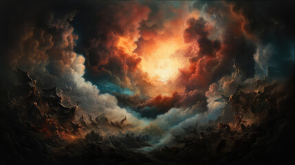 God victory over the devil depicted in a celestial setting, where divine light overwhelms the infernal shadows, creating a powerful contrast between heavenly and demonic elements.