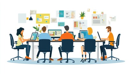 Teamwork in office vector design, with characters working together on a project, sharing ideas in a modern workspace
