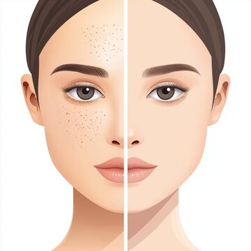 A flat illustration showcasing the before and after results of freckle or mole removal, highlighting the effectiveness of cosmetic treatments for achieving a clearer complexion