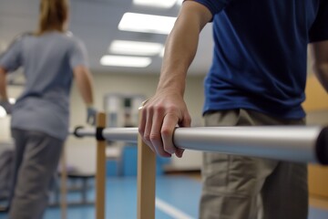 A medium shot capturing a patient carefully walking on a gait training treadmill with handrails, focusing on mobility and rehabilitation for those relearning to walk