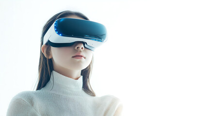 Young Girl Experiencing Virtual Reality with a VR Headset in a Minimalistic White Setting, Representing Future Technology and Immersive Experiences