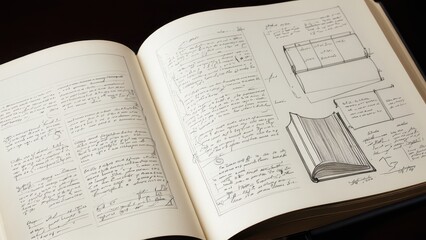 Open books with handwritten notes. An open book with handwritten notes, sketches, and diagrams reflecting a creative process, possibly related to book design. The scene evokes craftsmanship.