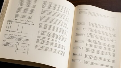 Open books with handwritten notes. An open book with handwritten notes, sketches, and diagrams reflecting a creative process, possibly related to book design. The scene evokes craftsmanship.