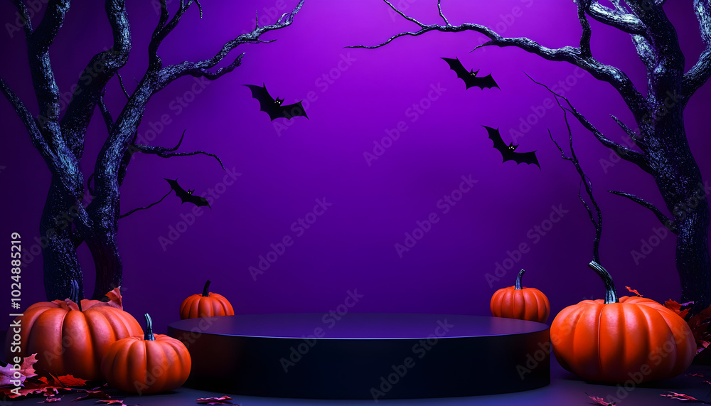 Aufkleber dark podium structure against a vibrant purple background with bats tree branches with halloween sev