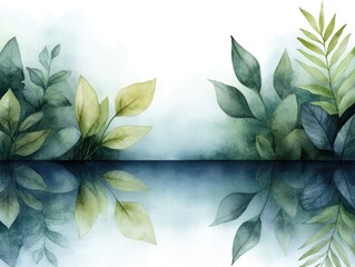 Serene watercolor illustration of lush green leaves with reflections, creating a calming and natural ambiance in a minimalist style.