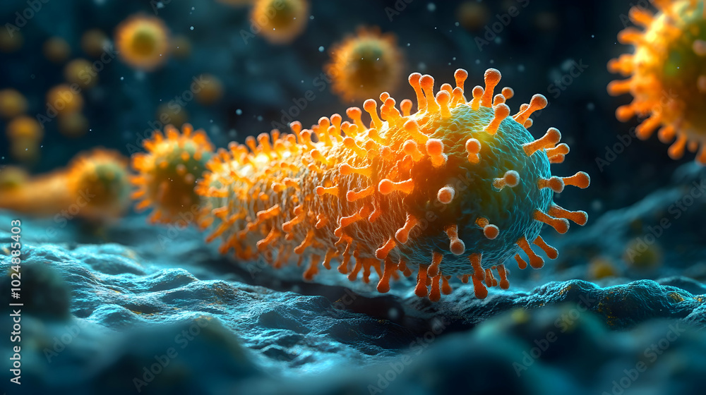 Poster microscopic view of virus-like structures in a digital environment.