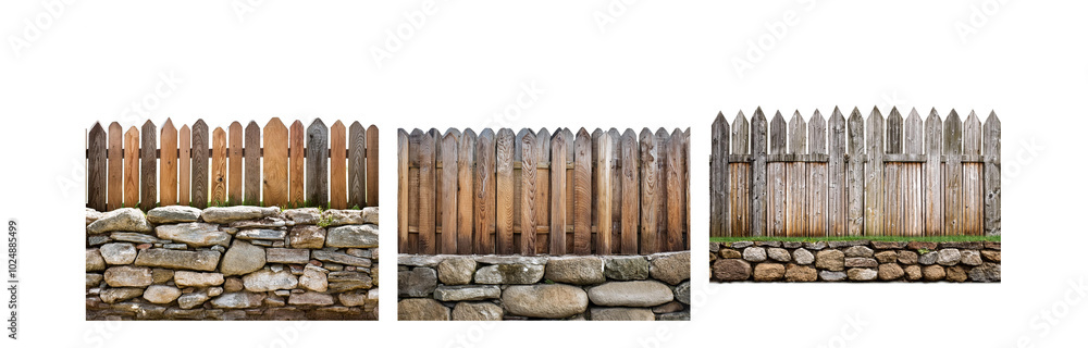 Aufkleber three different sections of wooden fences with stone walls and grass on top