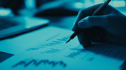 Close-up of Hands Analyzing Financial Data on Paper with a Pen, Representing Business Analysis, Financial Reports, and Decision Making.