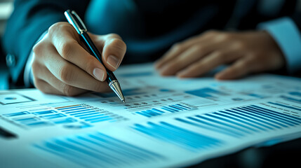 Close-up of Hands Analyzing Financial Data on Paper with a Pen, Representing Business Analysis, Financial Reports, and Decision Making.