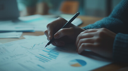 Close-up of Hands Analyzing Financial Data on Paper with a Pen, Representing Business Analysis, Financial Reports, and Decision Making.