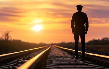 Fototapeta premium Silhouette of a railway officer by the train at sunset, warm glowing sky in the background, quiet and contemplative atmosphere on the tracks