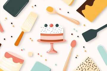 Simple vector illustrations of pastel flour bags, sugar jars, and butter sticks with cute little faces on a white background
