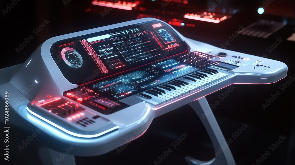Poster futuristic synth keyboard with illuminated interface
