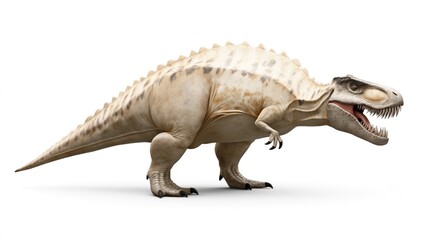Obraz premium Realistic 3D of a large carnivorous dinosaur with sharp teeth and textured skin, isolated on a white background.