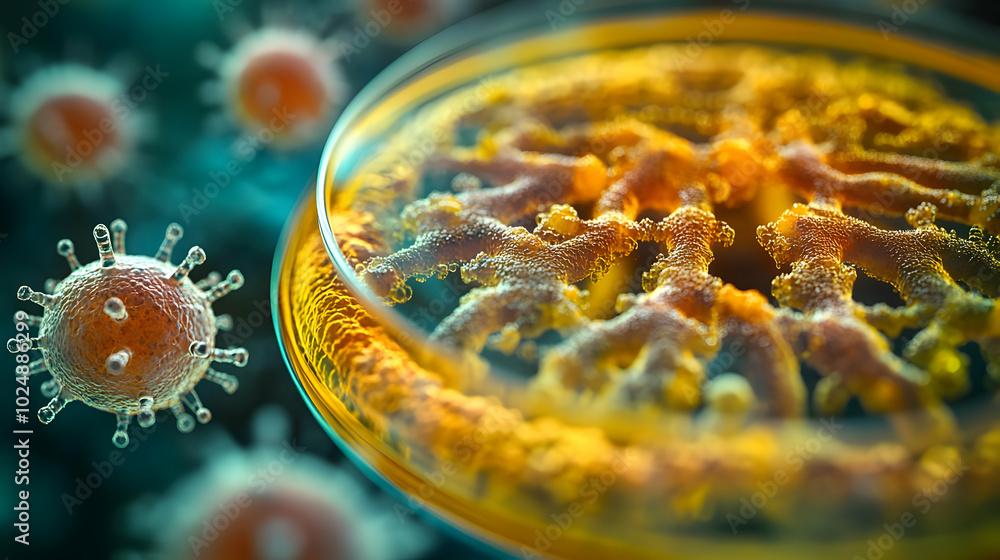 Aufkleber close-up of a virus and cellular structure in a scientific context.