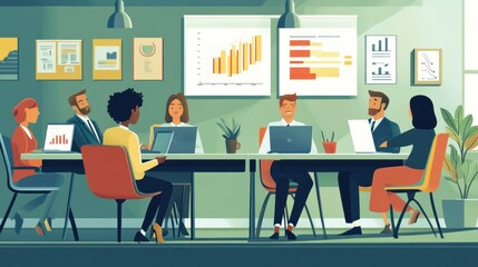 Vector illustration of business characters engaged in a meeting, with charts and laptops in a modern office