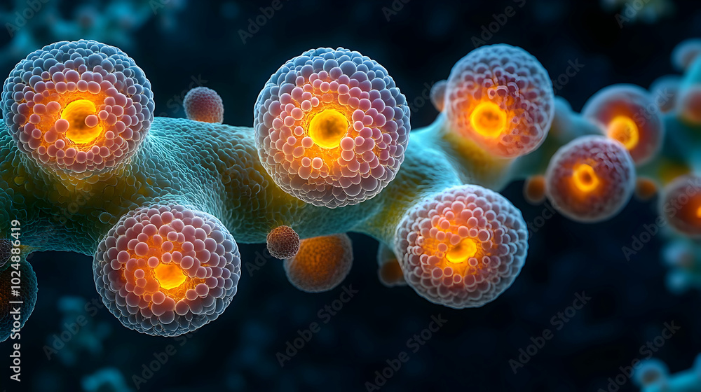 Aufkleber close-up view of colorful cellular structures under a microscope.