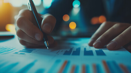 Close-up of Hands Analyzing Financial Data on Paper with a Pen, Representing Business Analysis, Financial Reports, and Decision Making.
